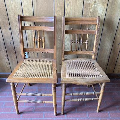 LOT 71: Four Handcrafted Vintage Caned Seat Wooden Chairs