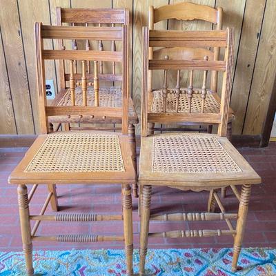 LOT 71: Four Handcrafted Vintage Caned Seat Wooden Chairs