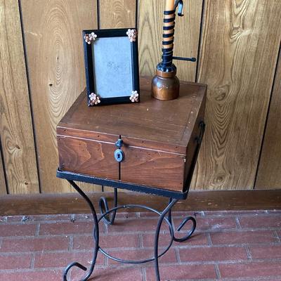 LOT 74: Wooden Box Style Side Table with Throw Rugs, Picture Frames and More