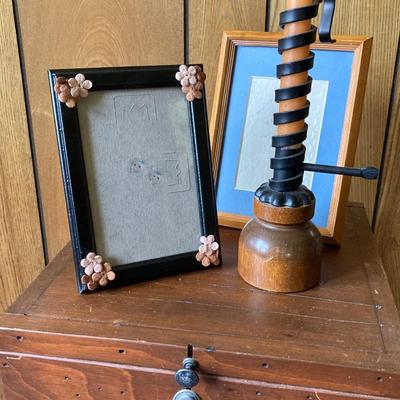 LOT 74: Wooden Box Style Side Table with Throw Rugs, Picture Frames and More
