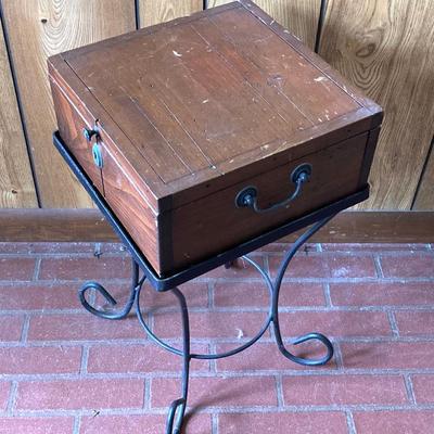 LOT 74: Wooden Box Style Side Table with Throw Rugs, Picture Frames and More