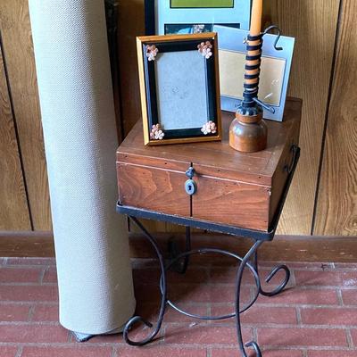 LOT 74: Wooden Box Style Side Table with Throw Rugs, Picture Frames and More