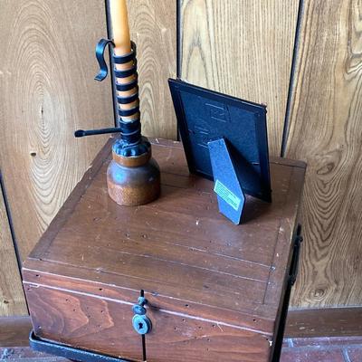 LOT 74: Wooden Box Style Side Table with Throw Rugs, Picture Frames and More