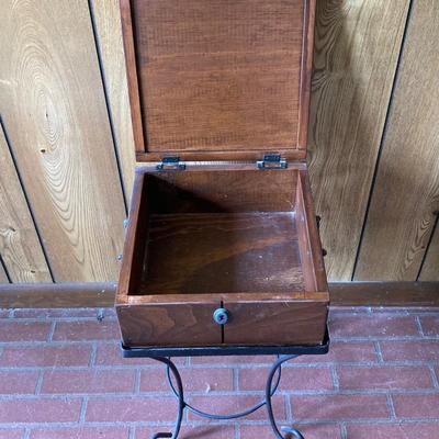 LOT 74: Wooden Box Style Side Table with Throw Rugs, Picture Frames and More