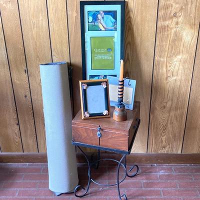 LOT 74: Wooden Box Style Side Table with Throw Rugs, Picture Frames and More