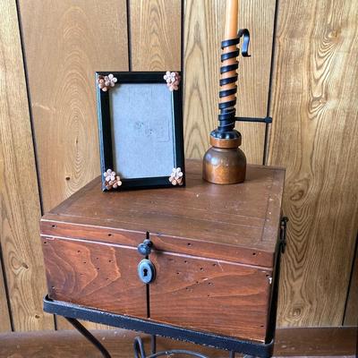 LOT 74: Wooden Box Style Side Table with Throw Rugs, Picture Frames and More