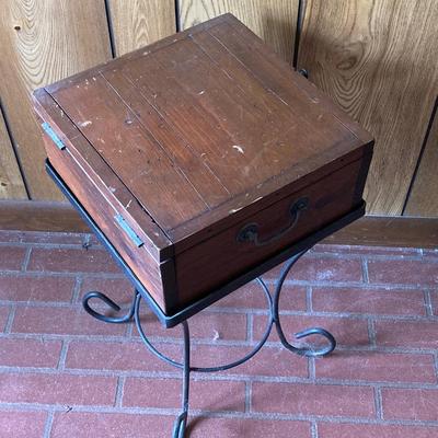 LOT 74: Wooden Box Style Side Table with Throw Rugs, Picture Frames and More