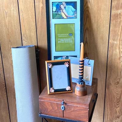 LOT 74: Wooden Box Style Side Table with Throw Rugs, Picture Frames and More