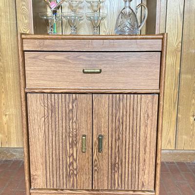 LOT 75: Cabinet / Bar with Contents and Large Collection of Glasses, Decanters, Pitchers and More
