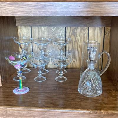 LOT 75: Cabinet / Bar with Contents and Large Collection of Glasses, Decanters, Pitchers and More