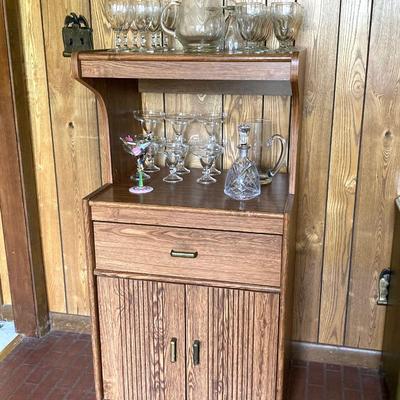 LOT 75: Cabinet / Bar with Contents and Large Collection of Glasses, Decanters, Pitchers and More