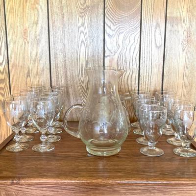 LOT 75: Cabinet / Bar with Contents and Large Collection of Glasses, Decanters, Pitchers and More