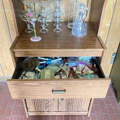 LOT 75: Cabinet / Bar with Contents and Large Collection of Glasses, Decanters, Pitchers and More