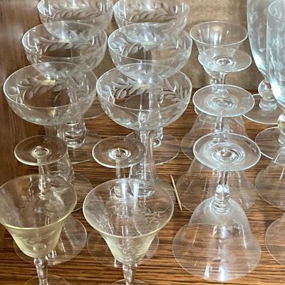 LOT 75: Cabinet / Bar with Contents and Large Collection of Glasses, Decanters, Pitchers and More