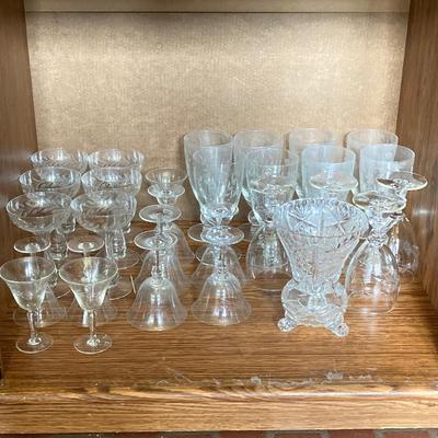 LOT 75: Cabinet / Bar with Contents and Large Collection of Glasses, Decanters, Pitchers and More
