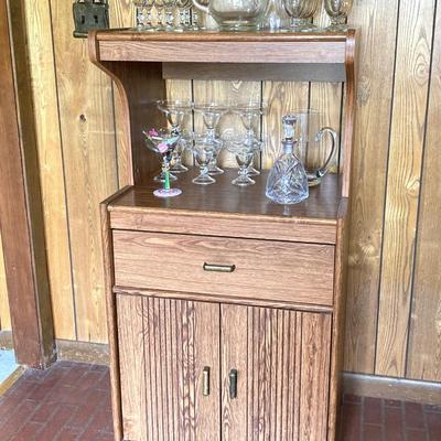 LOT 75: Cabinet / Bar with Contents and Large Collection of Glasses, Decanters, Pitchers and More