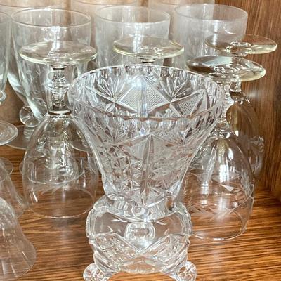 LOT 75: Cabinet / Bar with Contents and Large Collection of Glasses, Decanters, Pitchers and More