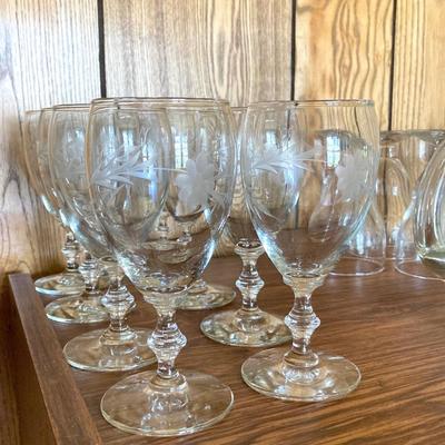 LOT 75: Cabinet / Bar with Contents and Large Collection of Glasses, Decanters, Pitchers and More