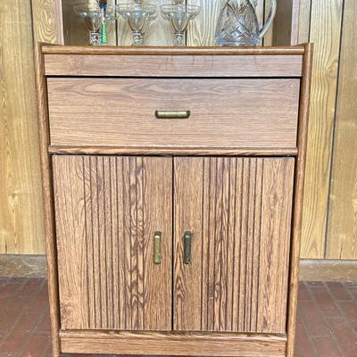 LOT 75: Cabinet / Bar with Contents and Large Collection of Glasses, Decanters, Pitchers and More