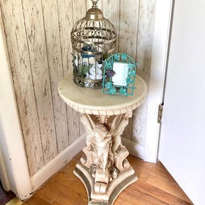 LOT 77: Sweet Cherub Pedestal with Decorative Bird House and Picture Frame