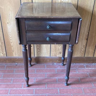LOT 78: Beautiful Painted Glass Lamp with Mahogany Drop Leaf Side Table