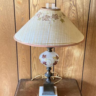 LOT 78: Beautiful Painted Glass Lamp with Mahogany Drop Leaf Side Table