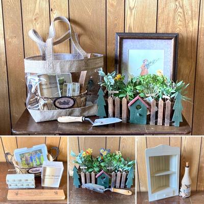 LOT 79: Collection of Home Decor - Candles, Wall Art, Mary Kay Tote, Faux Garden, Table Top Shelf and More