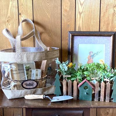 LOT 79: Collection of Home Decor - Candles, Wall Art, Mary Kay Tote, Faux Garden, Table Top Shelf and More
