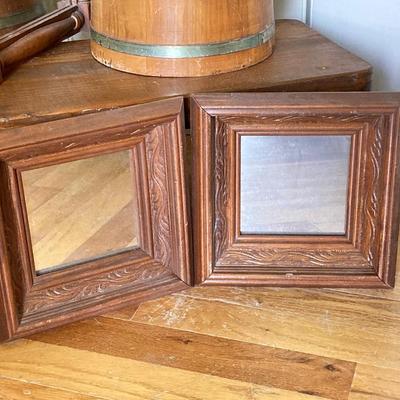 LOT 80: Vintage Wooden Decor Collection - Step Stool, Carved Mirrors, The Season of Blossoms Mirror and Shoe Shine Bucket