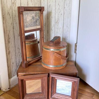 LOT 80: Vintage Wooden Decor Collection - Step Stool, Carved Mirrors, The Season of Blossoms Mirror and Shoe Shine Bucket