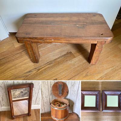LOT 80: Vintage Wooden Decor Collection - Step Stool, Carved Mirrors, The Season of Blossoms Mirror and Shoe Shine Bucket