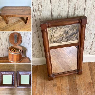 LOT 80: Vintage Wooden Decor Collection - Step Stool, Carved Mirrors, The Season of Blossoms Mirror and Shoe Shine Bucket