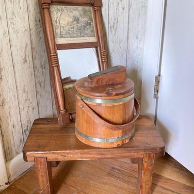 LOT 80: Vintage Wooden Decor Collection - Step Stool, Carved Mirrors, The Season of Blossoms Mirror and Shoe Shine Bucket