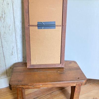 LOT 80: Vintage Wooden Decor Collection - Step Stool, Carved Mirrors, The Season of Blossoms Mirror and Shoe Shine Bucket
