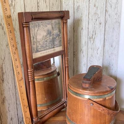 LOT 80: Vintage Wooden Decor Collection - Step Stool, Carved Mirrors, The Season of Blossoms Mirror and Shoe Shine Bucket