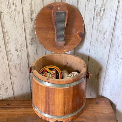 LOT 80: Vintage Wooden Decor Collection - Step Stool, Carved Mirrors, The Season of Blossoms Mirror and Shoe Shine Bucket