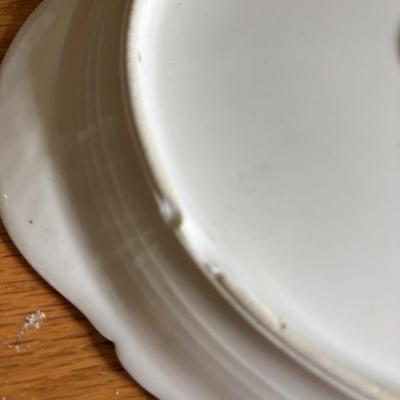 LOT 85: Primitive Plate Holder Royal Daulton, Limoges & Canonsburg China Plates