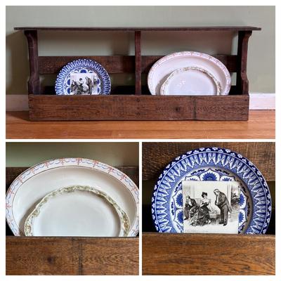 LOT 85: Primitive Plate Holder Royal Daulton, Limoges & Canonsburg China Plates