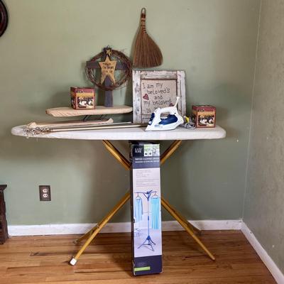LOT 86: Laundry Collection & More: Rowenta Iron, Tripod Clothes Dryer, Ironing Board and More