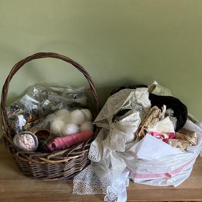 LOT 89: Craft & Sewing Lot: Yarn Lace, Fabric, Thread, Project Book etc.