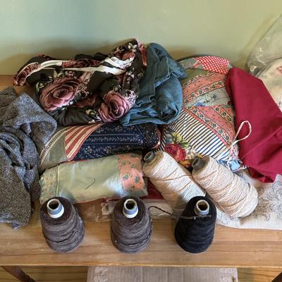 LOT 89: Craft & Sewing Lot: Yarn Lace, Fabric, Thread, Project Book etc.