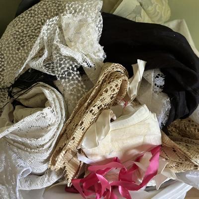 LOT 89: Craft & Sewing Lot: Yarn Lace, Fabric, Thread, Project Book etc.