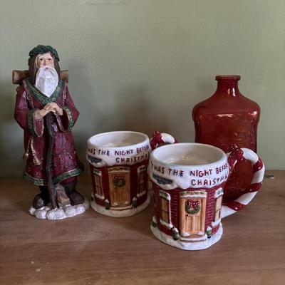 LOT 92: Holiday Collection: Flameless Candles, Hand Carved Santa, Twas the Night Before Christmas Mugs & So Much More