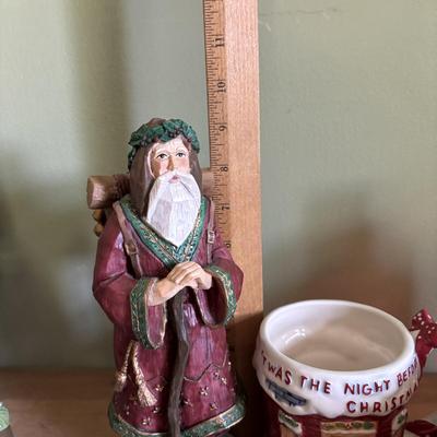 LOT 92: Holiday Collection: Flameless Candles, Hand Carved Santa, Twas the Night Before Christmas Mugs & So Much More