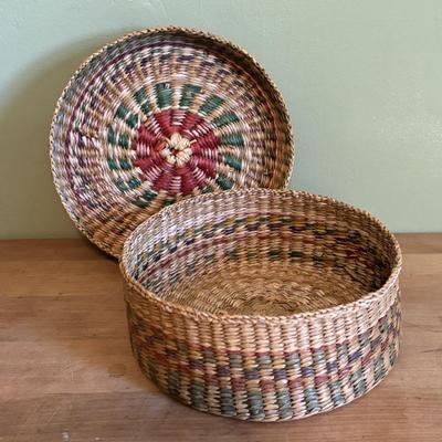 LOT 94 Vintage Floral book Holder, Woven Baskets, Embellished Woven Sewing Baskets, Framed Robert Gardinier 12 Months of Flowers May rint