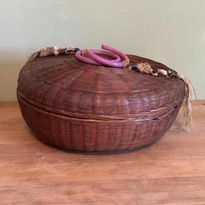 LOT 94 Vintage Floral book Holder, Woven Baskets, Embellished Woven Sewing Baskets, Framed Robert Gardinier 12 Months of Flowers May rint