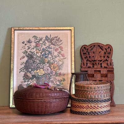 LOT 94 Vintage Floral book Holder, Woven Baskets, Embellished Woven Sewing Baskets, Framed Robert Gardinier 12 Months of Flowers May rint