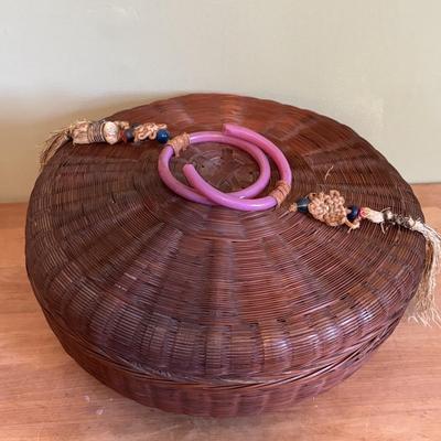 LOT 94 Vintage Floral book Holder, Woven Baskets, Embellished Woven Sewing Baskets, Framed Robert Gardinier 12 Months of Flowers May rint