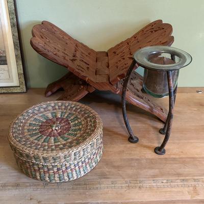 LOT 94 Vintage Floral book Holder, Woven Baskets, Embellished Woven Sewing Baskets, Framed Robert Gardinier 12 Months of Flowers May rint