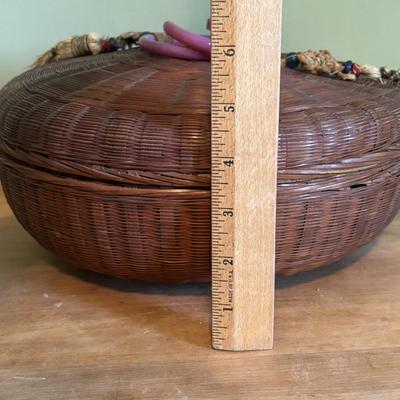 LOT 94 Vintage Floral book Holder, Woven Baskets, Embellished Woven Sewing Baskets, Framed Robert Gardinier 12 Months of Flowers May rint